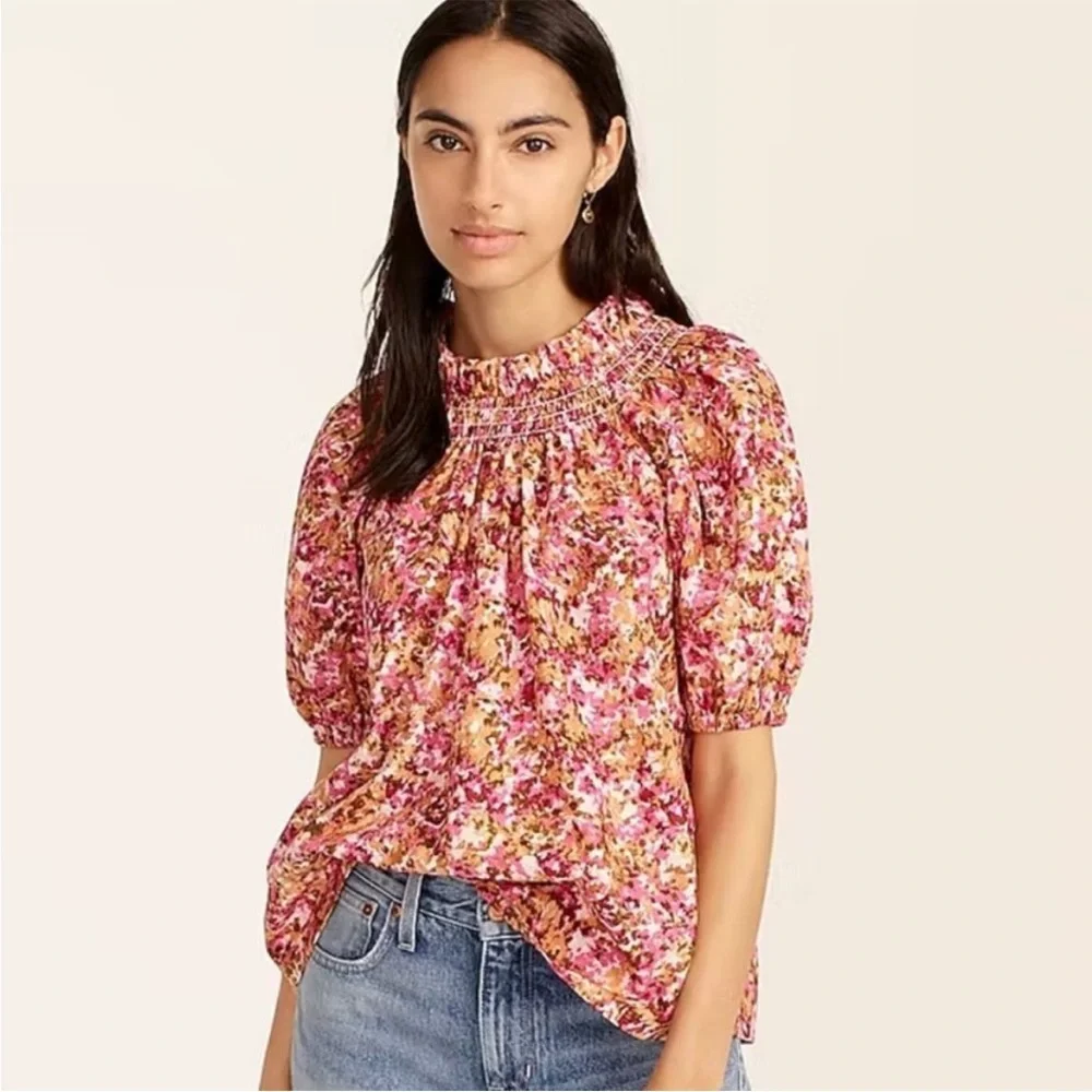 J Crew Smocked high‎ Neck Puff Sleeve Pink Print Blouse BB263 XS